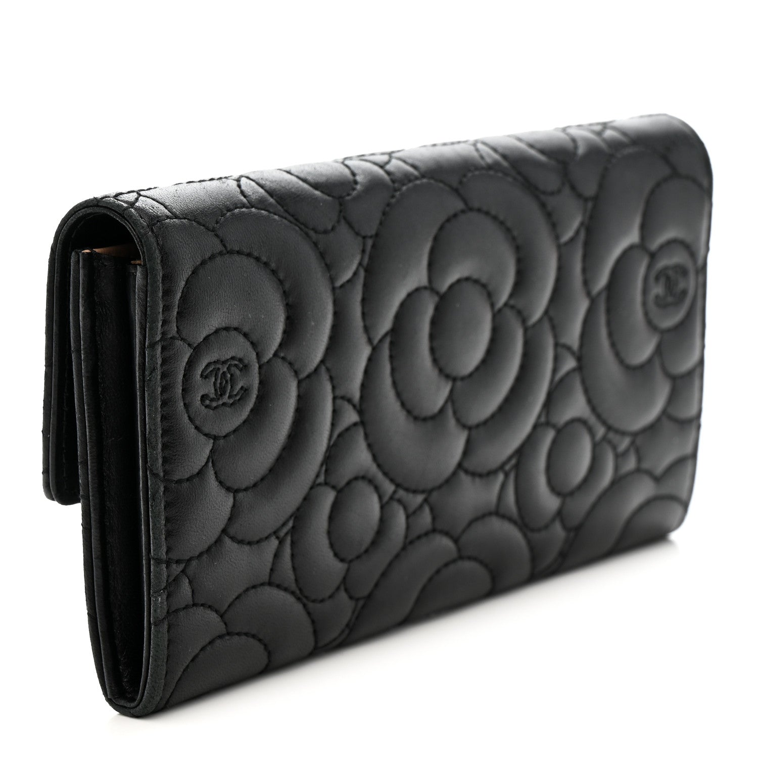 Lambskin Embossed Camellia Flap Wallet Black