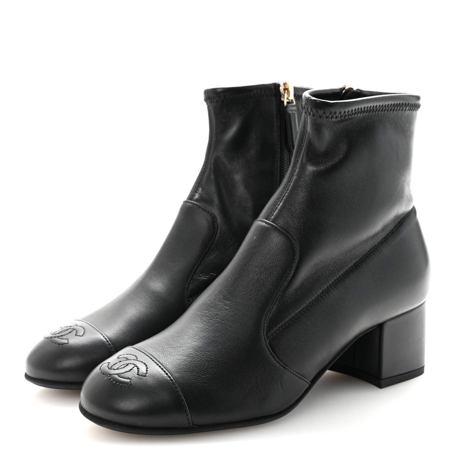Stretch Lambskin Cap Toe CC Short Boots 35 Black