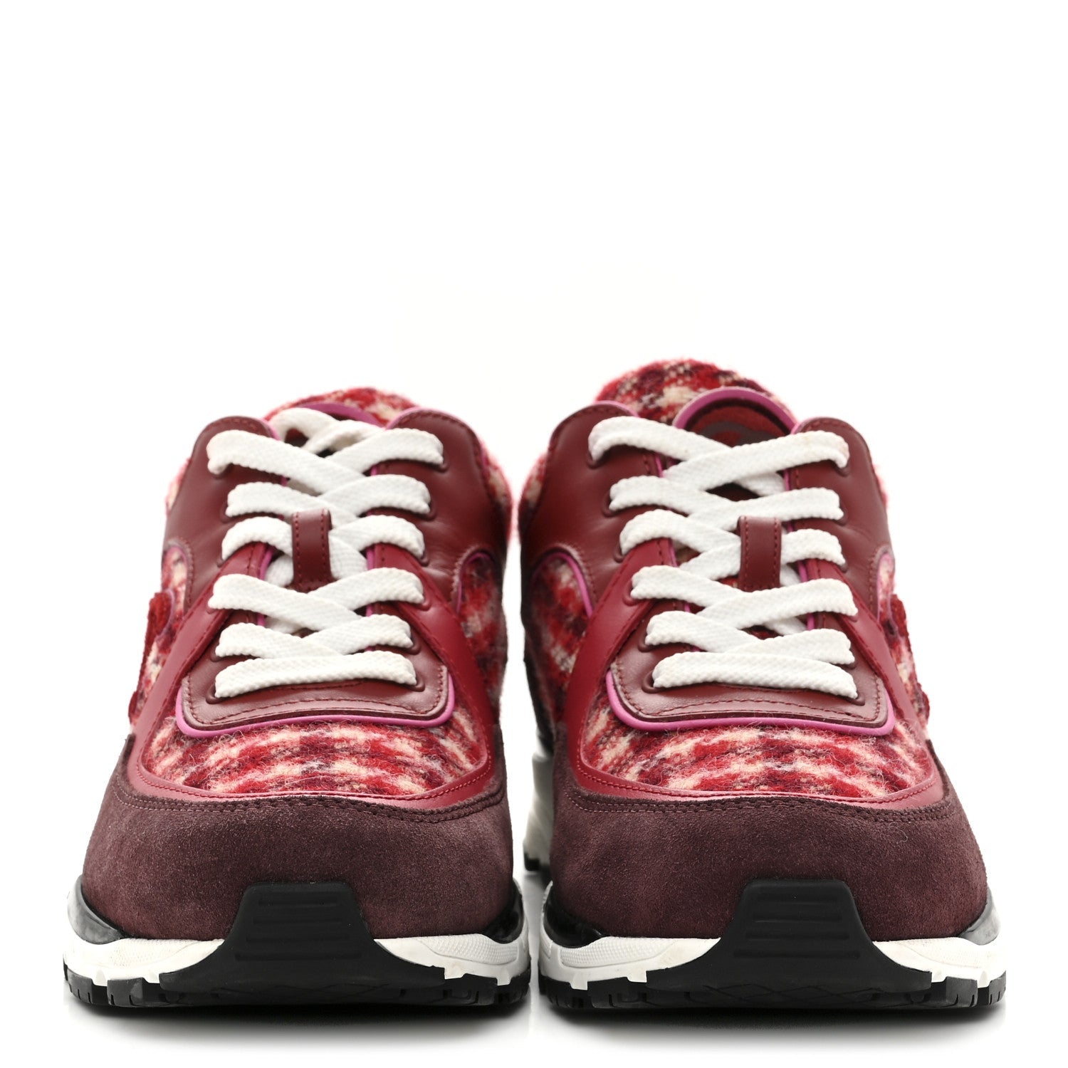 Wool Tweed Suede Calfskin Womens CC Sneakers 36 Red White Dark Brown Burgundy
