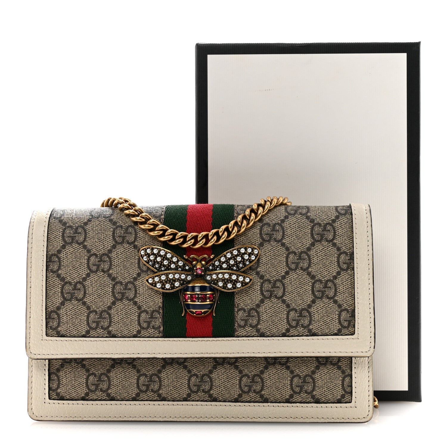 GG Supreme Monogram Web Queen Margaret Chain Wallet White