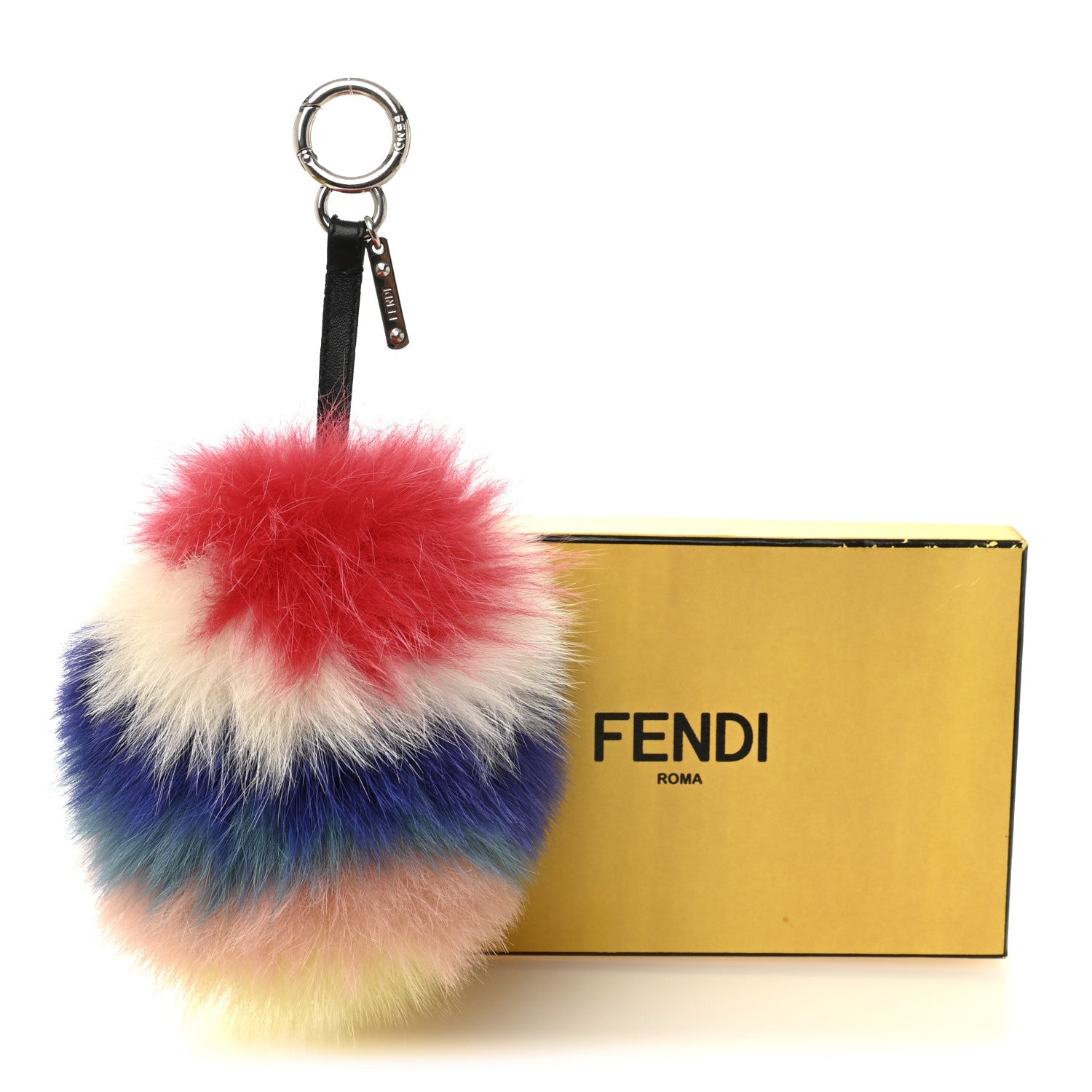 Fox Fur Shiny Nappa Rainbow Pom Pom Bag Charm Rosso Multicolor Black