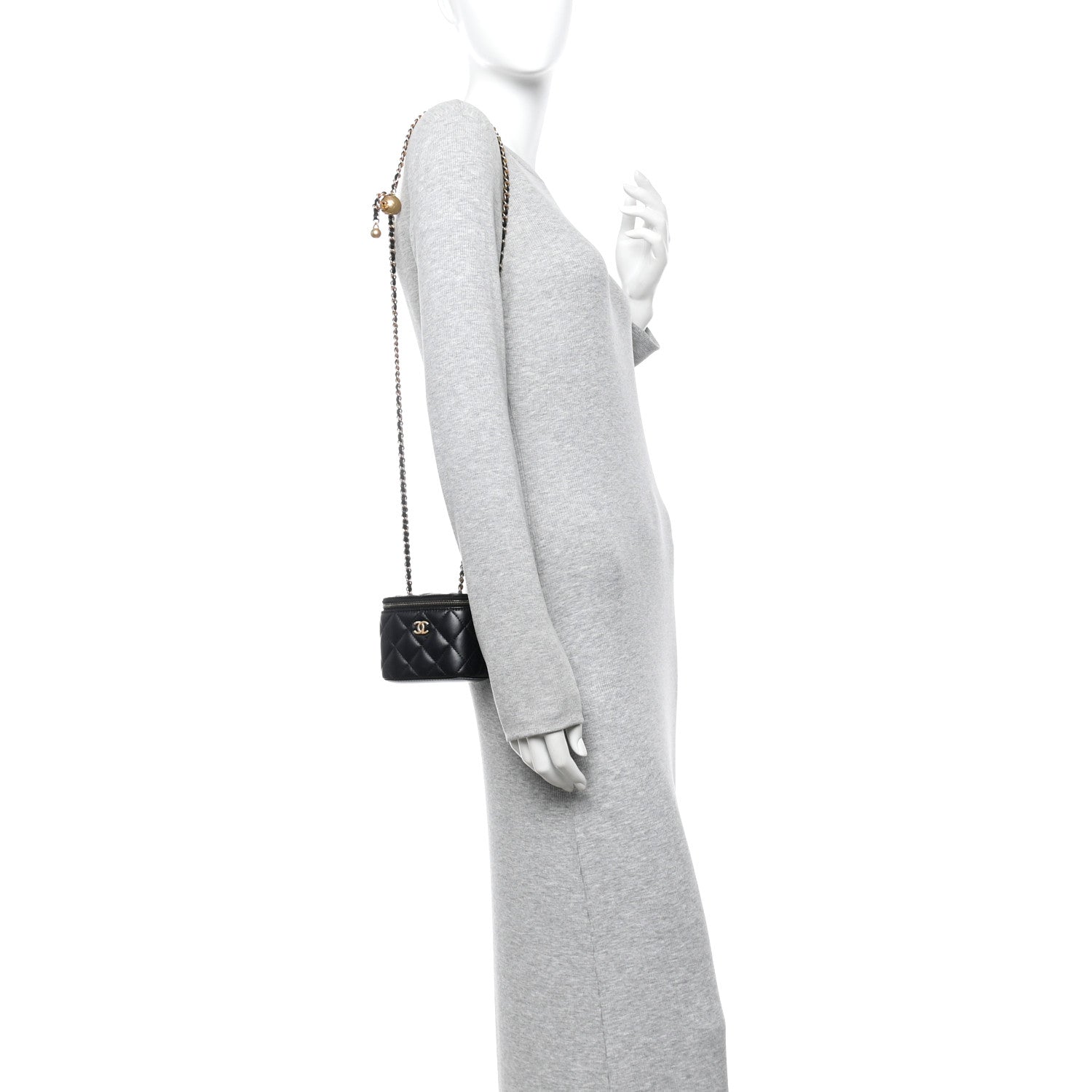 Lambskin Quilted Mini Pearl Crush Vanity Case With Chain Black