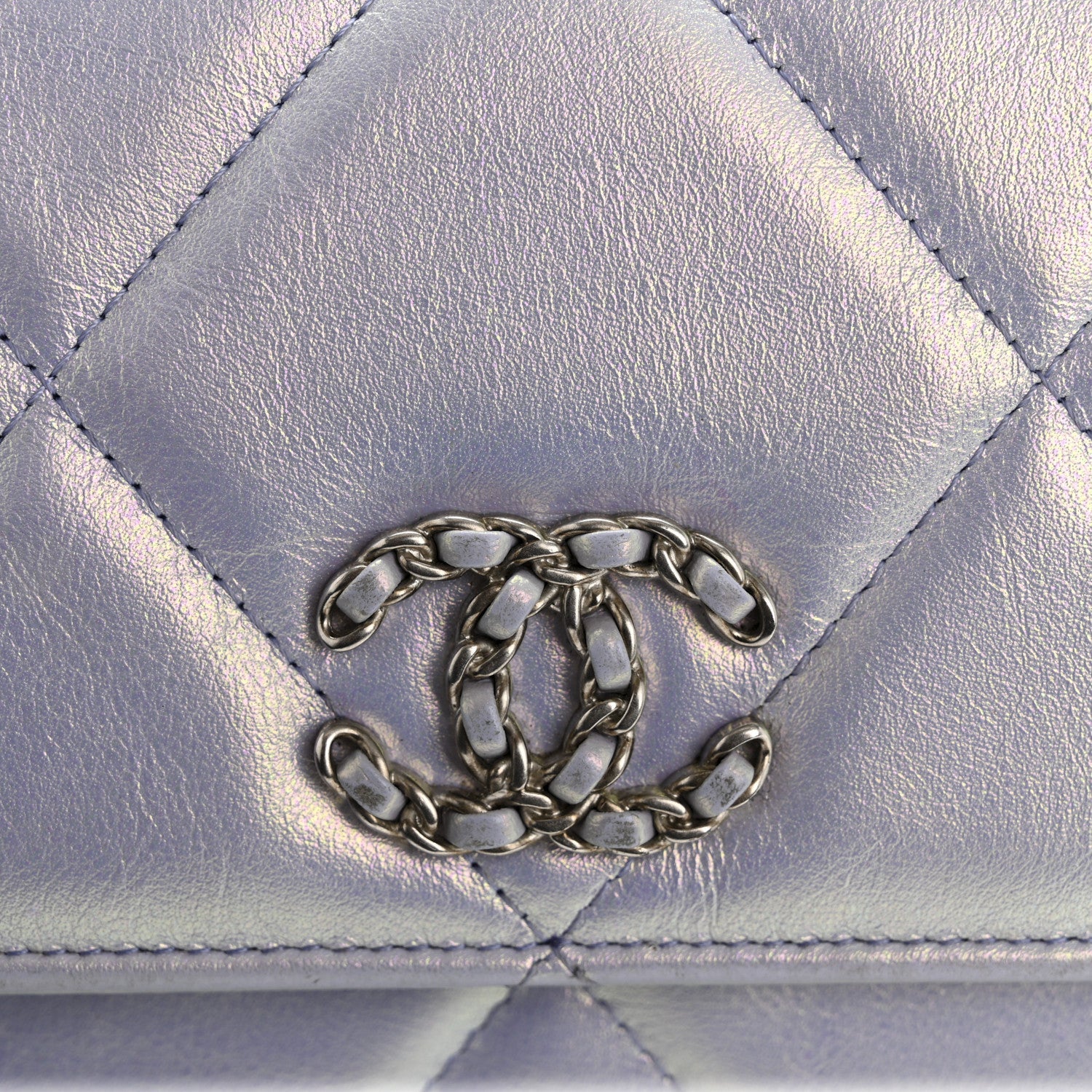Iridescent Calfskin Quilted Chanel 19 Wallet On Chain WOC Light Purple