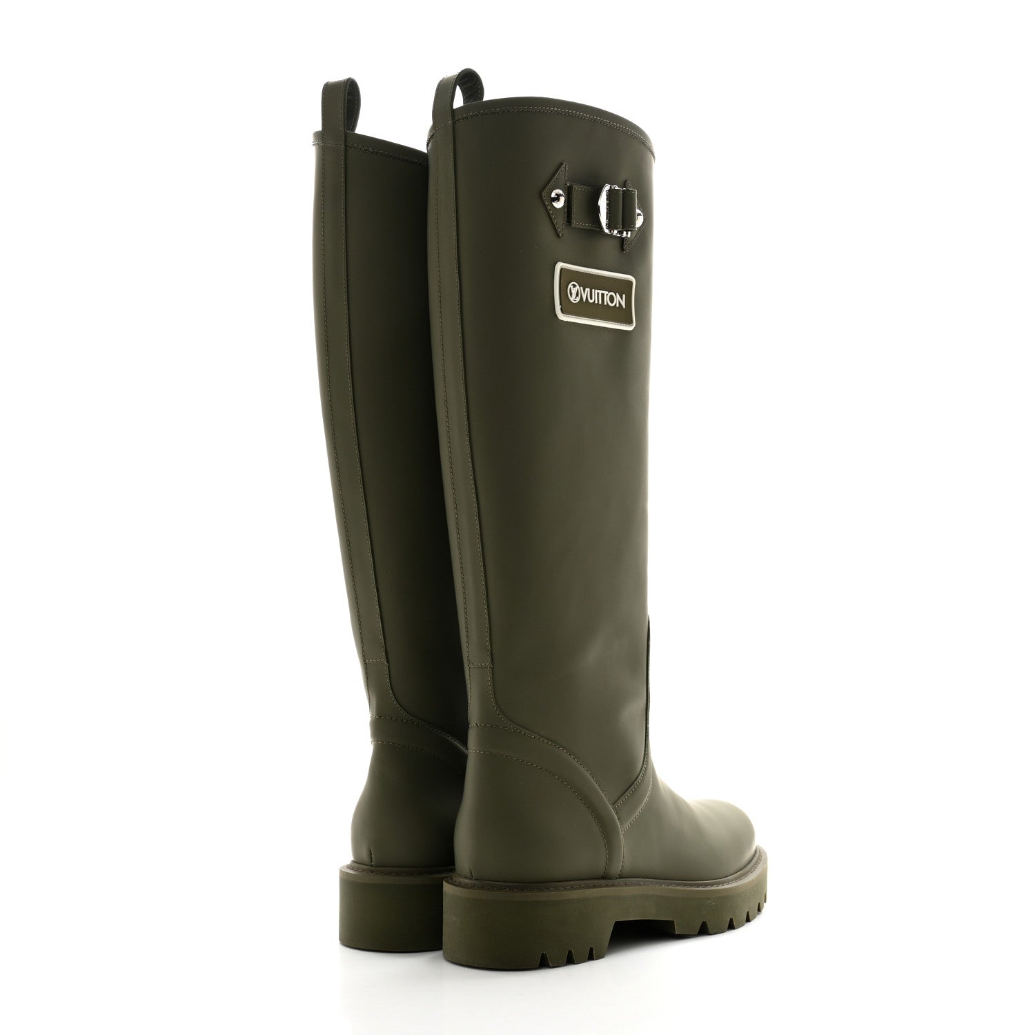 Rubber Calfskin Territory Flat High Boots 36 Khaki