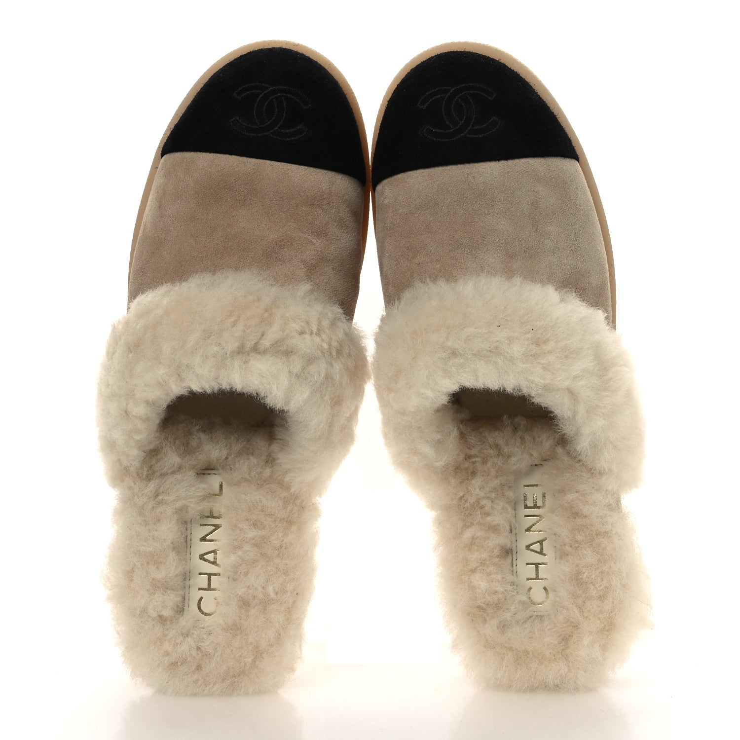 Suede Shearling CC Cap Toe Mules 38.5 Beige Black