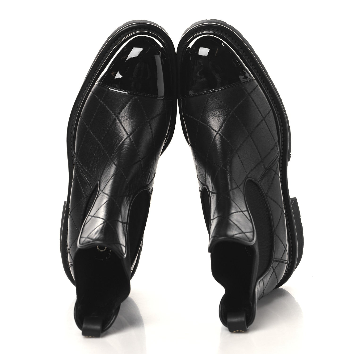 Calfskin Patent Cap Toe Quilted Short Boots 37 Black