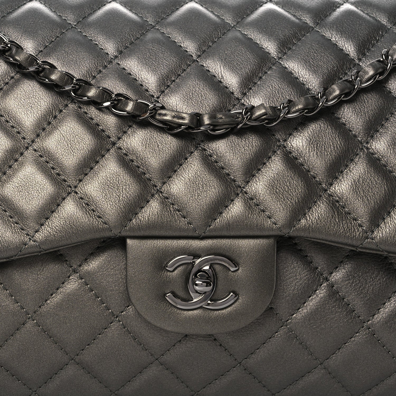 Metallic Lambskin Quilted XXL Travel Flap Bag  Dark Grey