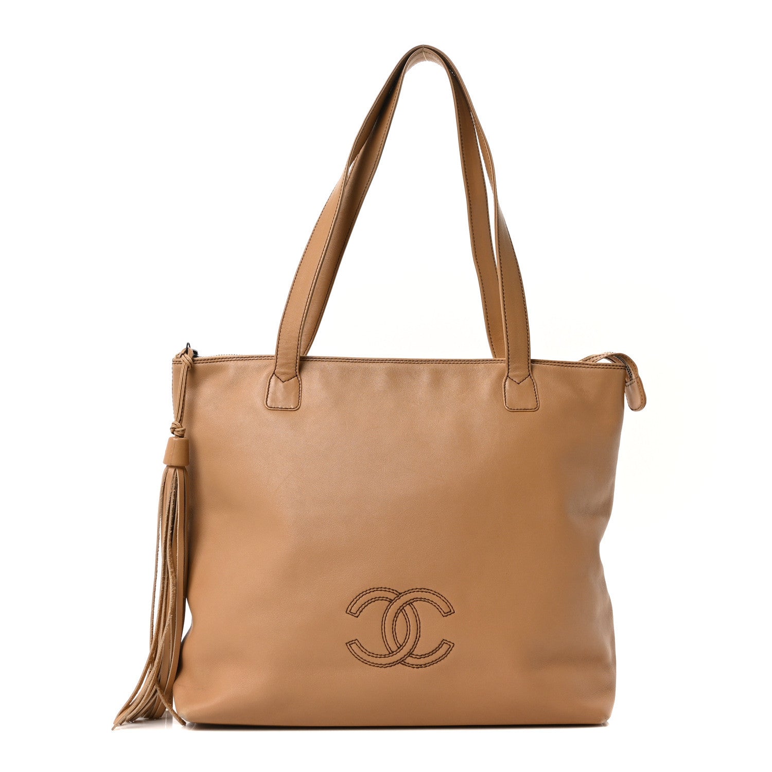 Calfskin CC Tassel Shopping Tote Beige