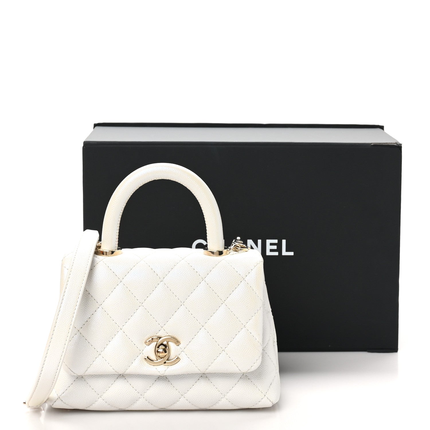 Iridescent Caviar Quilted Extra Mini Coco Handle Flap White