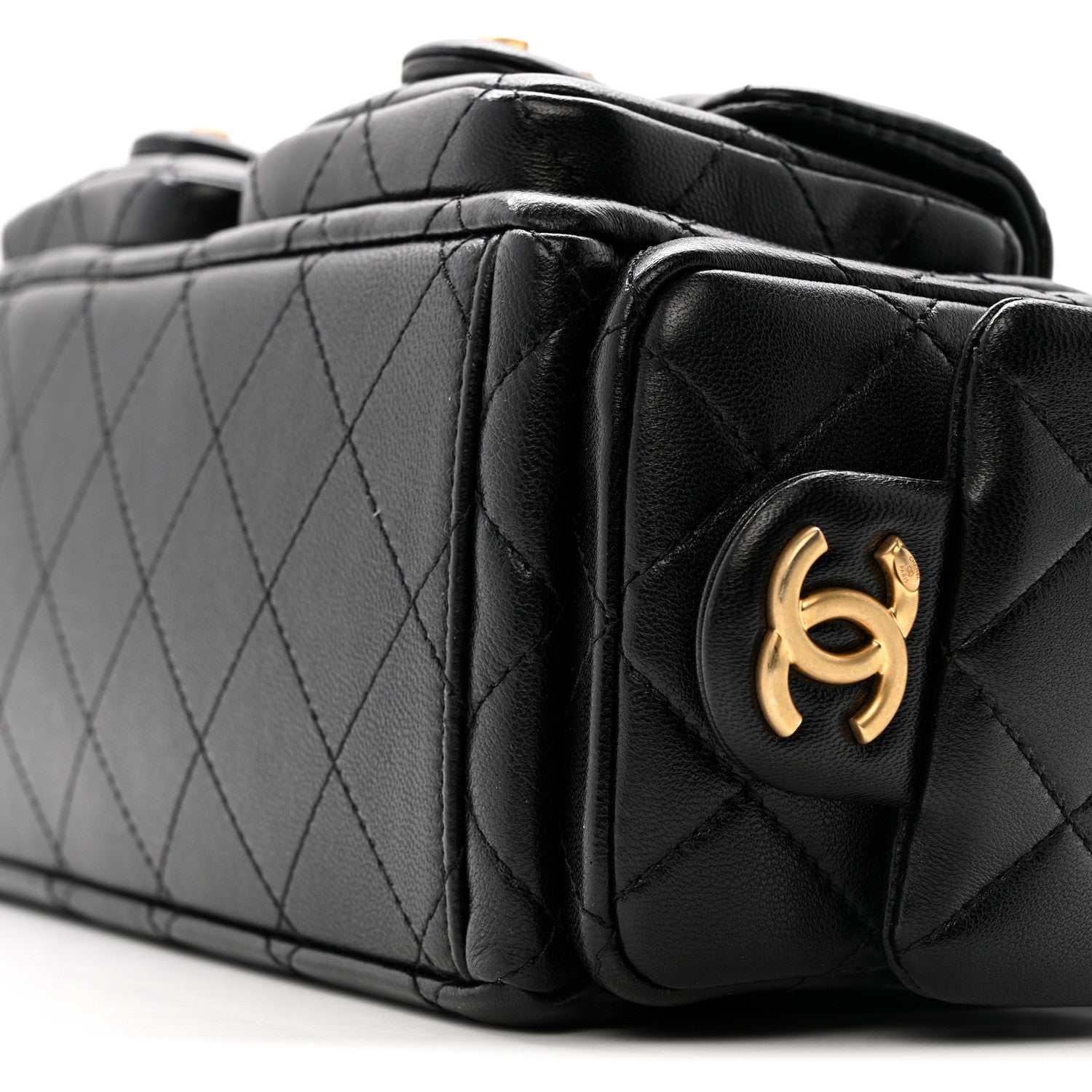 Shiny Lambskin Quilted Trendy Pockets Hobo Black