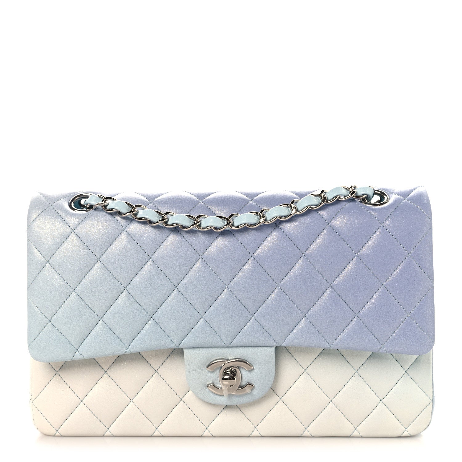 Perforated Lambskin Quilted Medium Double Flap Light Blue Light Purple White