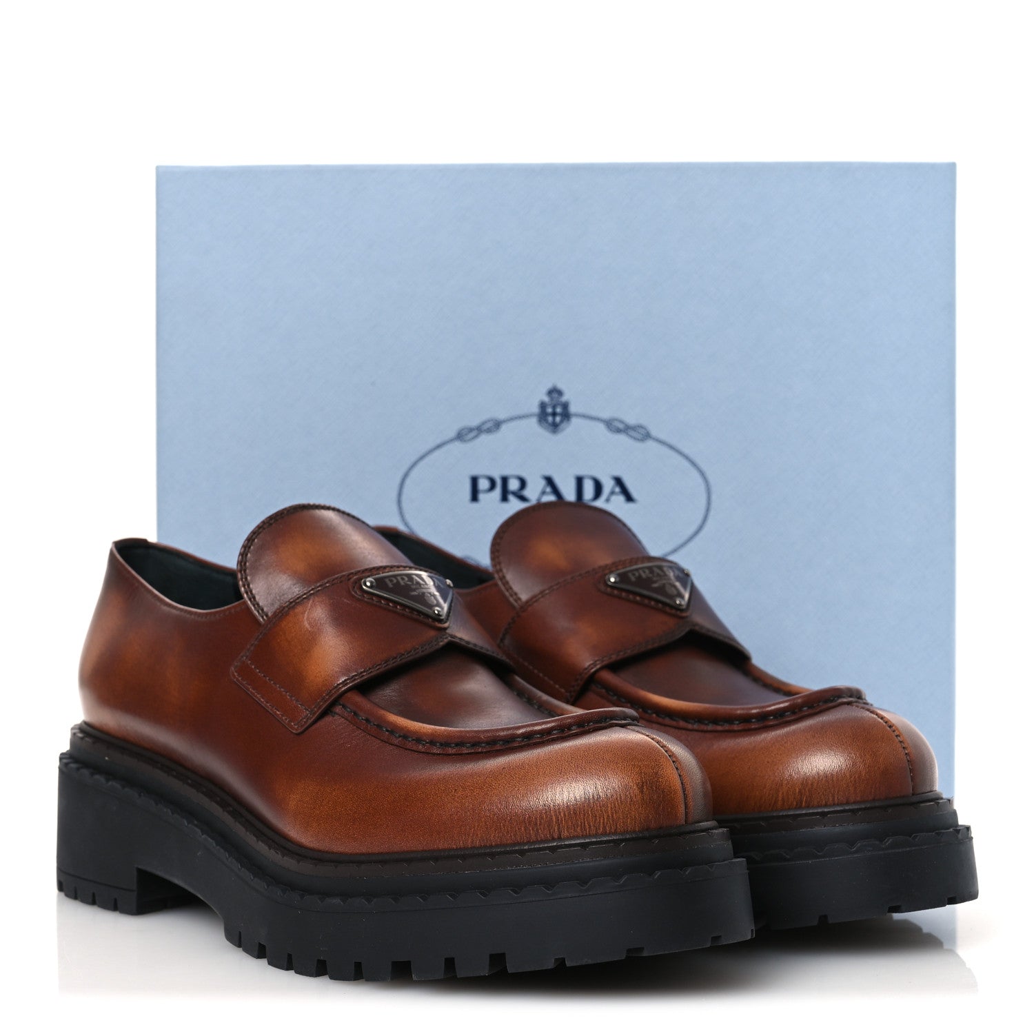Vitello Fume Metal Triangle Logo 50mm Loafers 40.5 Cognac