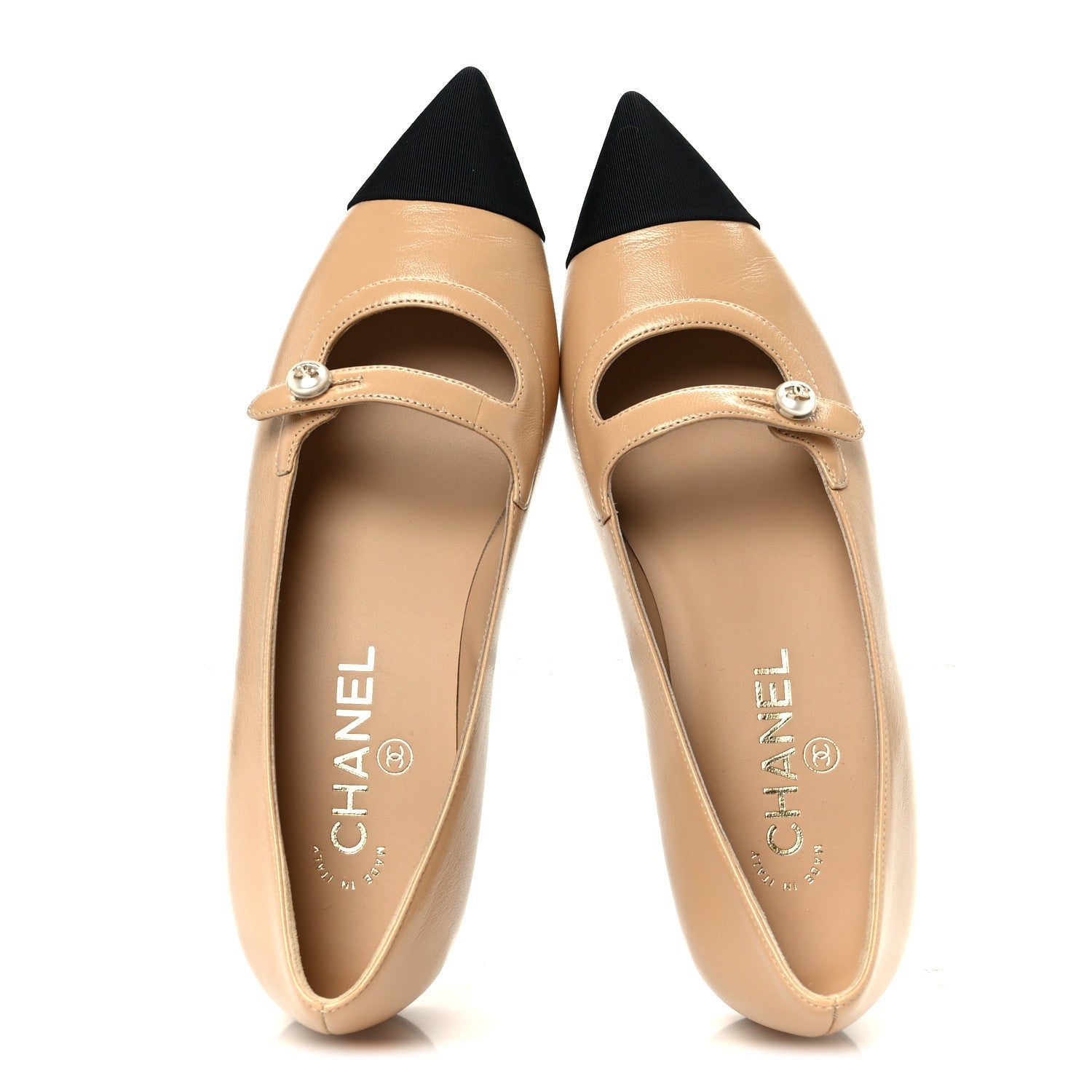 Shiny Lambskin Grosgrain Pointed Toe CC Ballet Flats 37.5 Beige Black