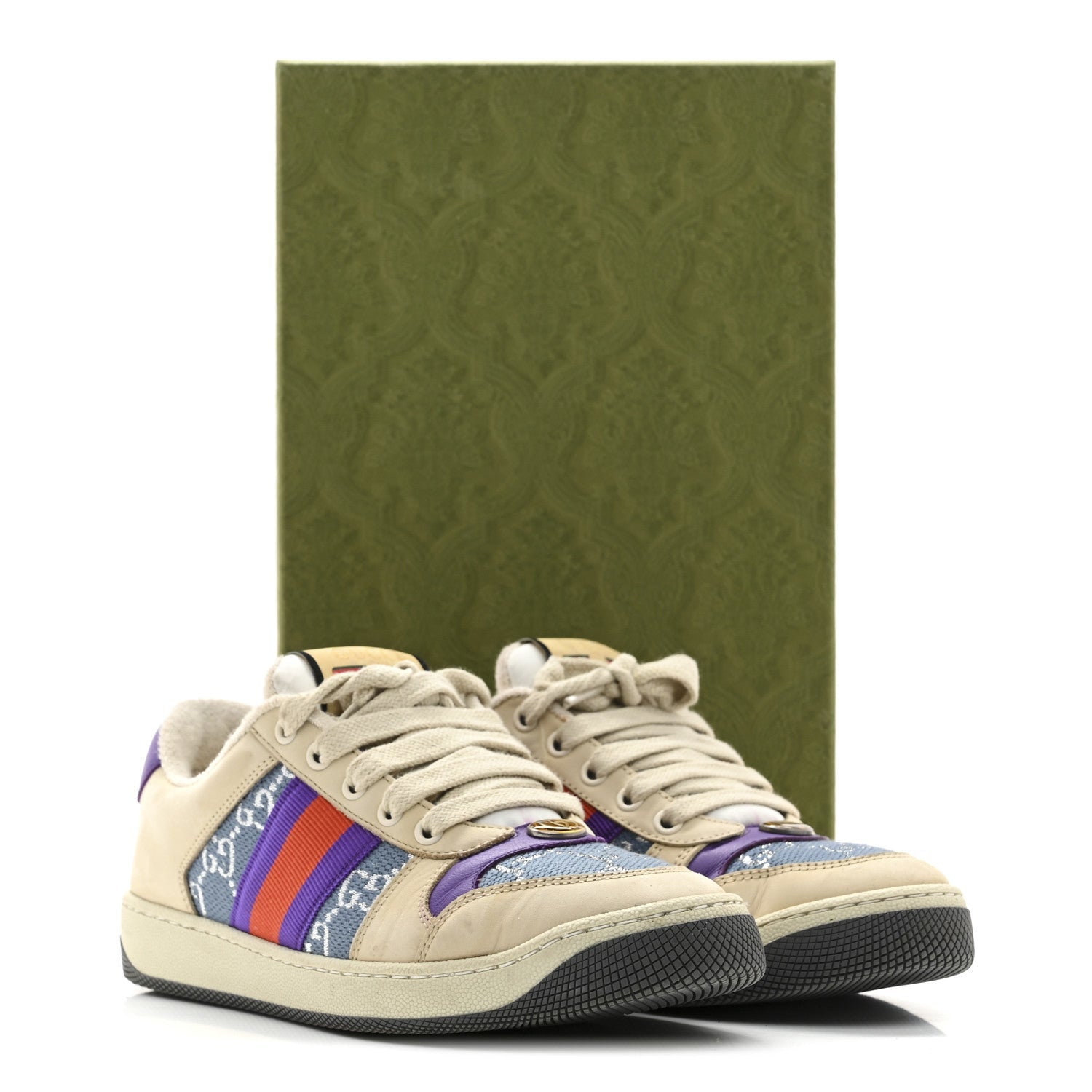 Calfskin Lame GG Monogram Web Womens Screener Sneakers 37.5 Blue Silver Dusty Milk Shine Purple