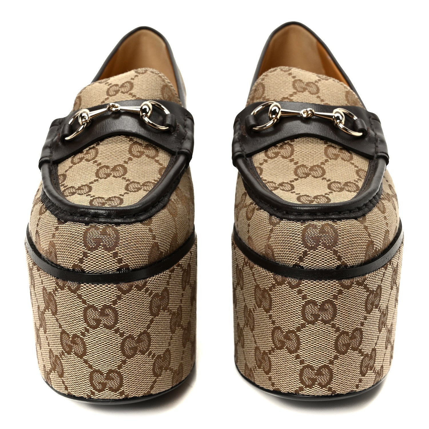 Canvas GG Monogram Horsebit Calfskin Womens Horsebit Platform Loafers 39.5 Beige Ebony Cocoa