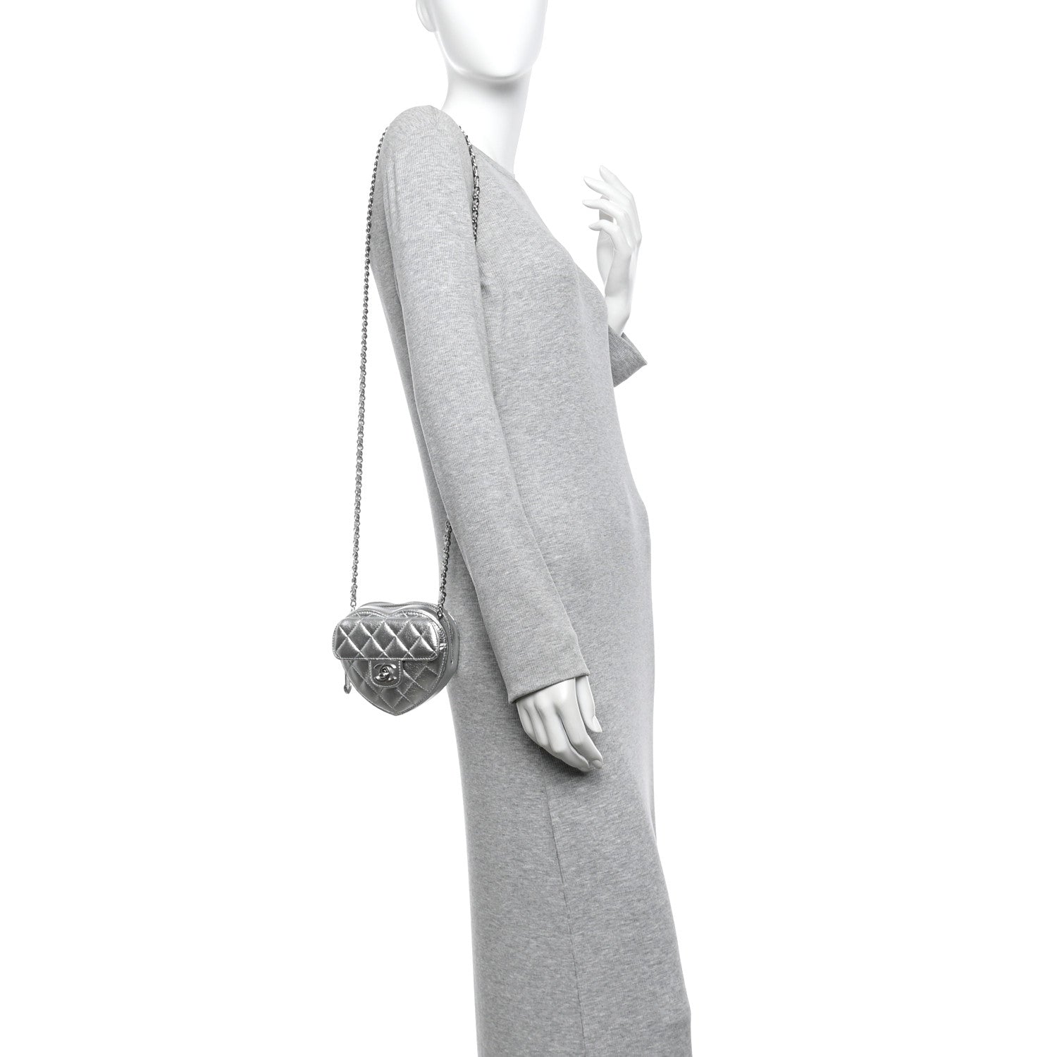 Metallic Lambskin Quilted CC In Love Heart Clutch With Chain Silver