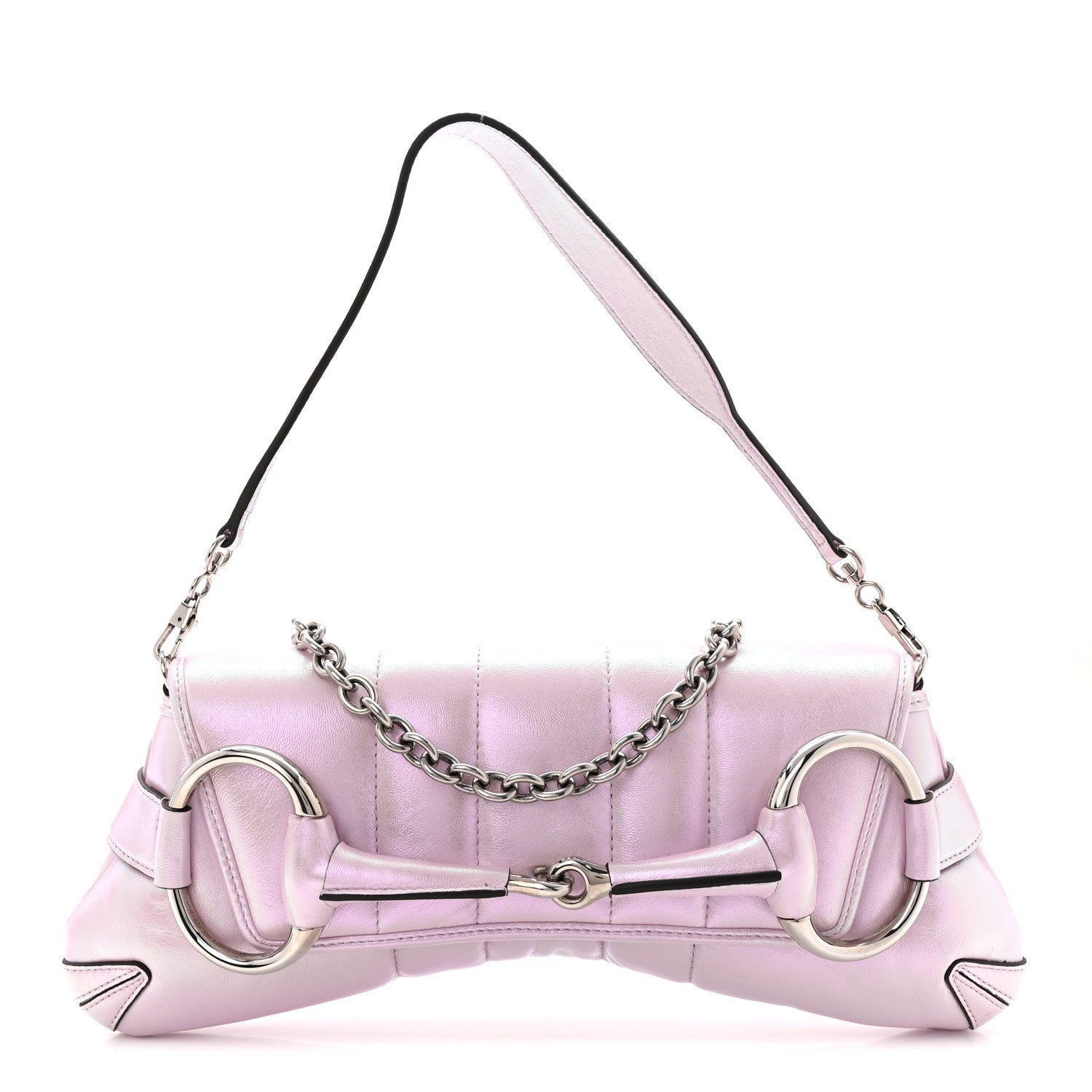 Iridescent Nappa Vertical Matelasse Medium Maxi Horsebit Chain Shoulder Bag Escape Pink