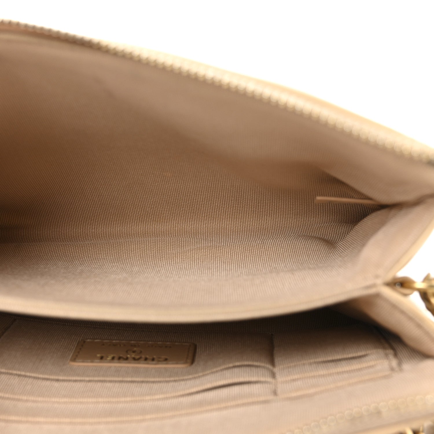 Shiny Goatskin Quilted Chanel 19 Small Pouch With Handle Beige