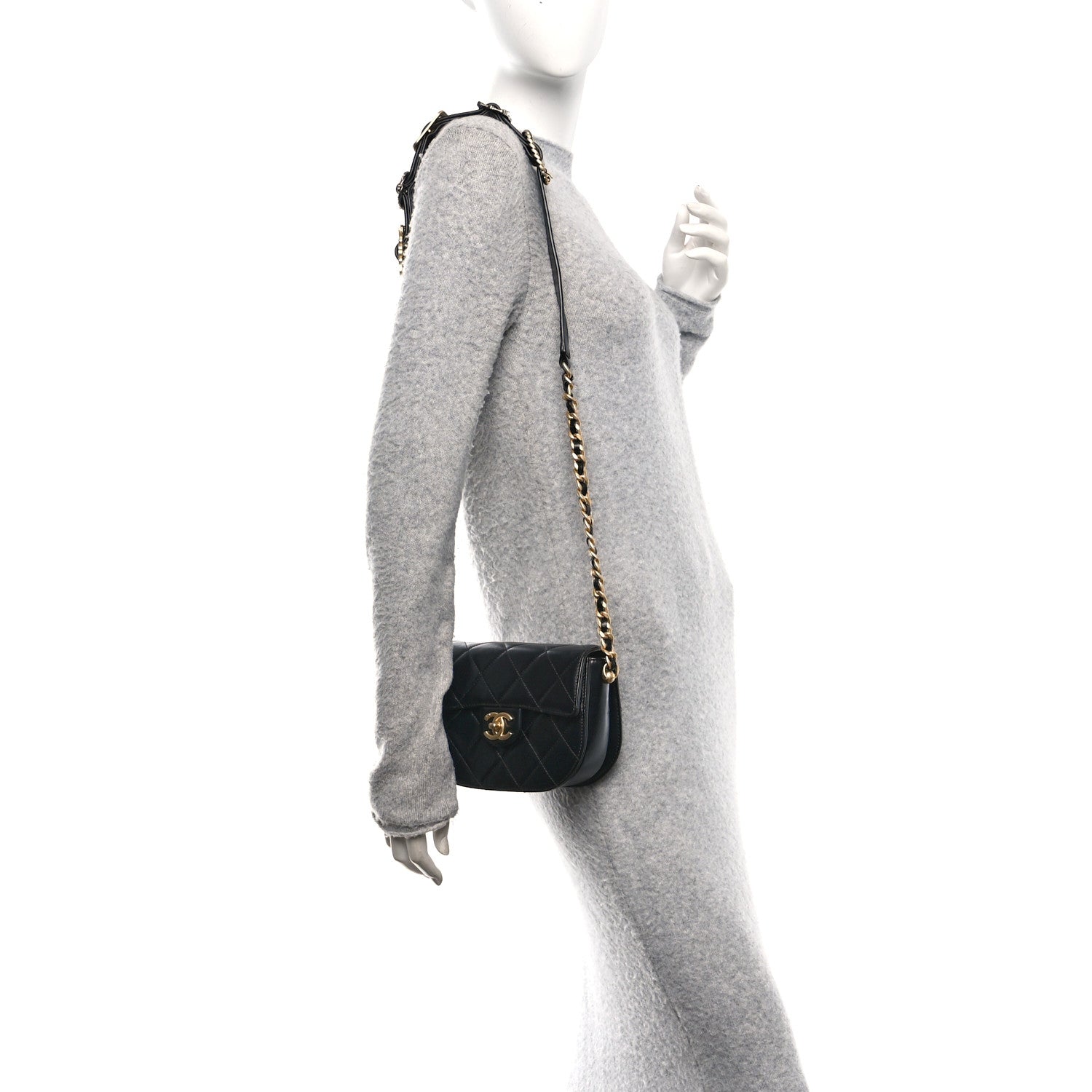 Shiny Calfskin Quilted Buckle Moon Messenger Black