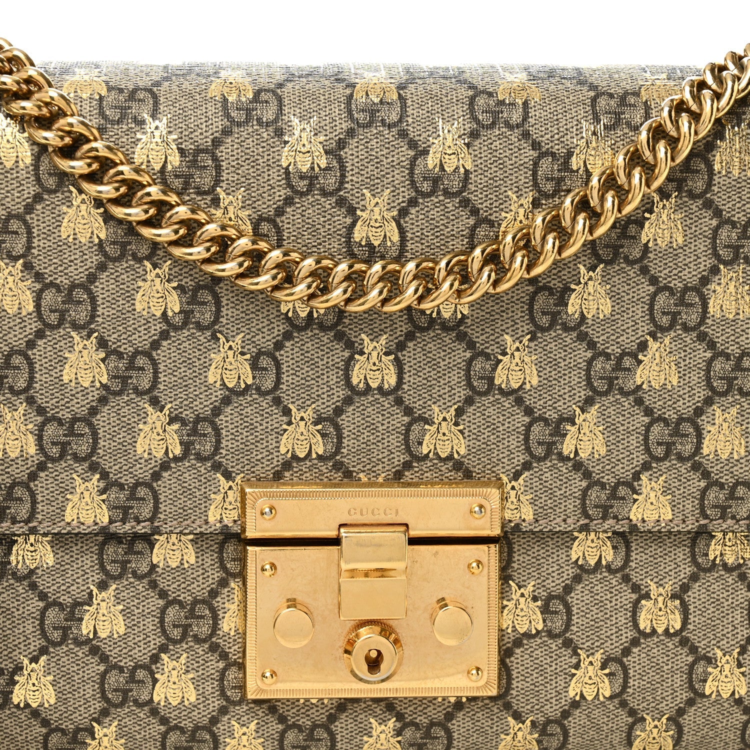 GG Supreme Monogram Bees Medium Padlock Shoulder Bag Beige Oro Black
