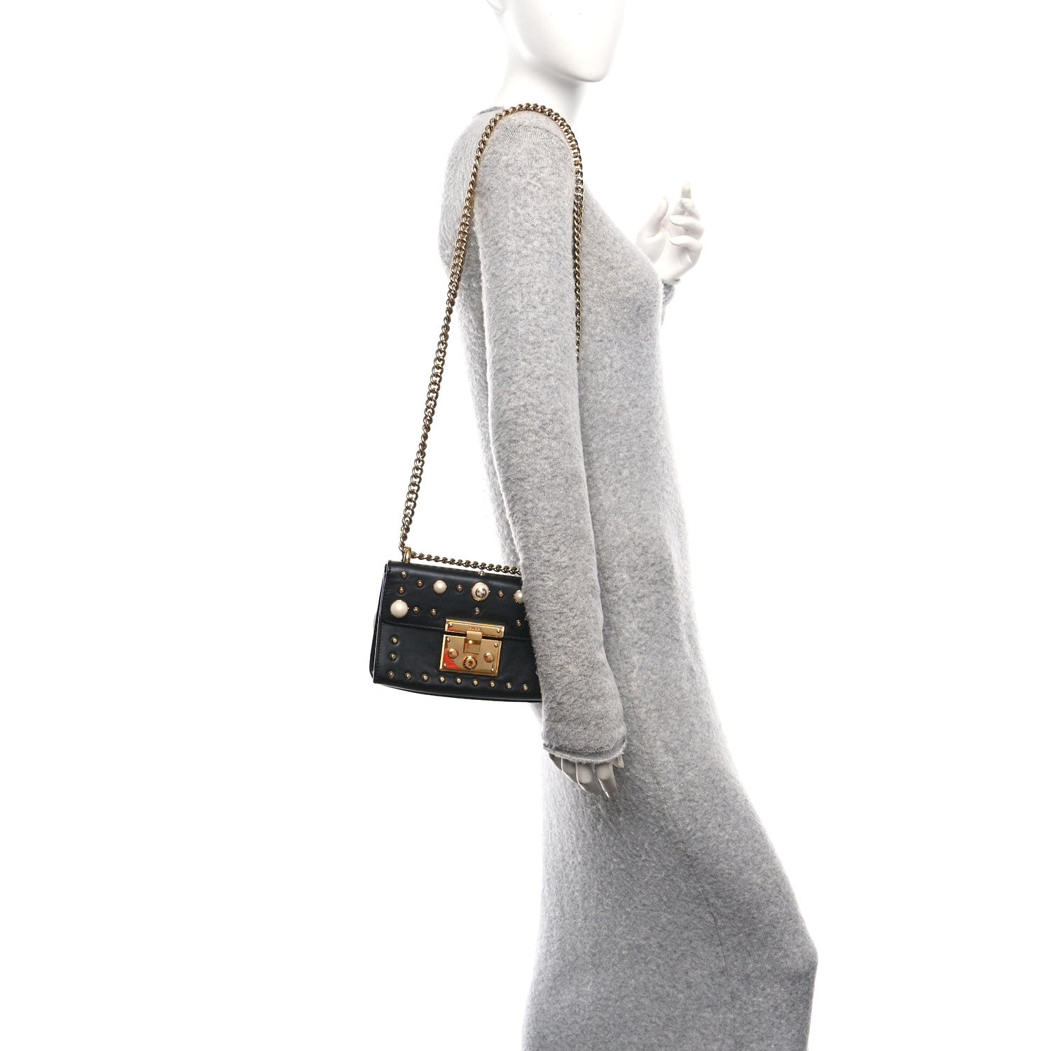 Calfskin Studded Small Padlock Shoulder Bag Black