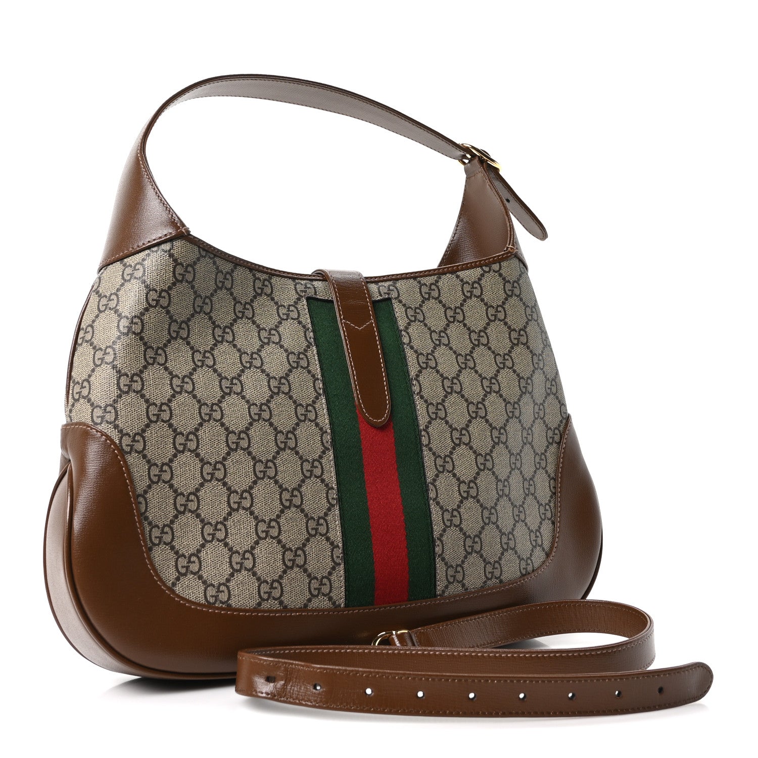GG Supreme Monogram Azalea Calfskin Web Medium Jackie 1961 Hobo Beige Ebony Brown Sugar