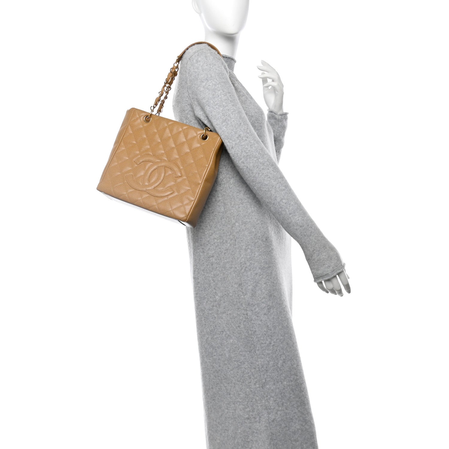 Caviar Quilted Petit Shopping Tote PST Dark Beige