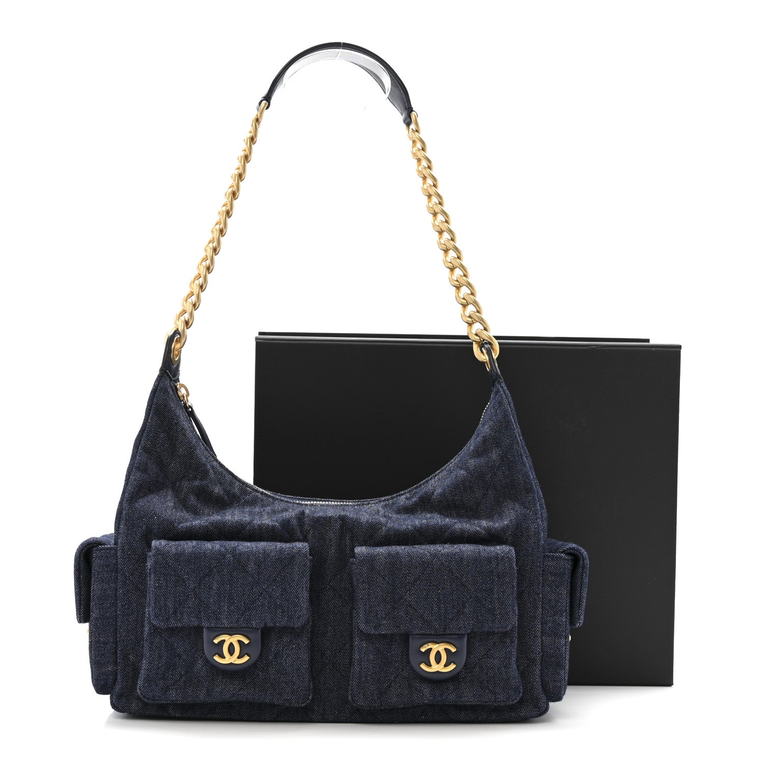 Washed Denim Quilted Maxi Trendy Pockets Hobo Dark Blue