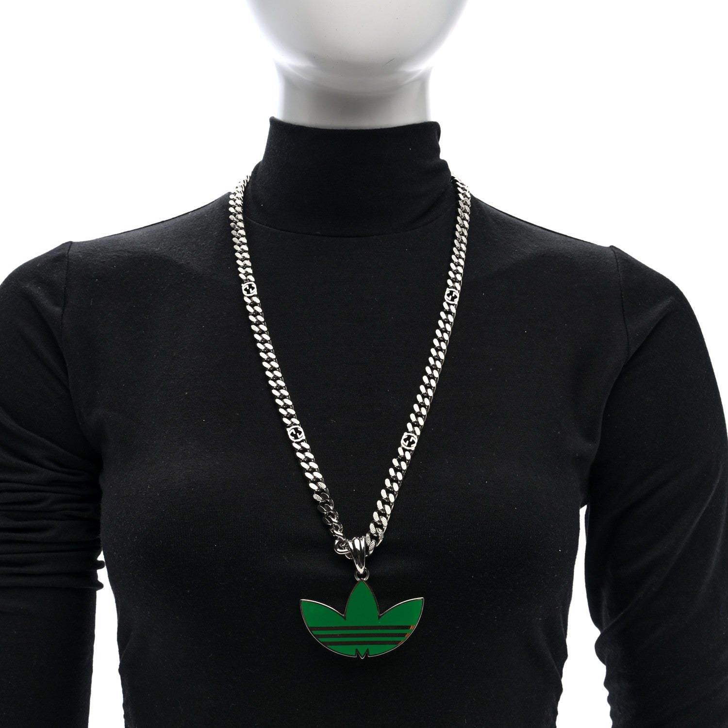 X ADIDAS Enamel Trefoil Gourmette Pendant Necklace Silver Green
