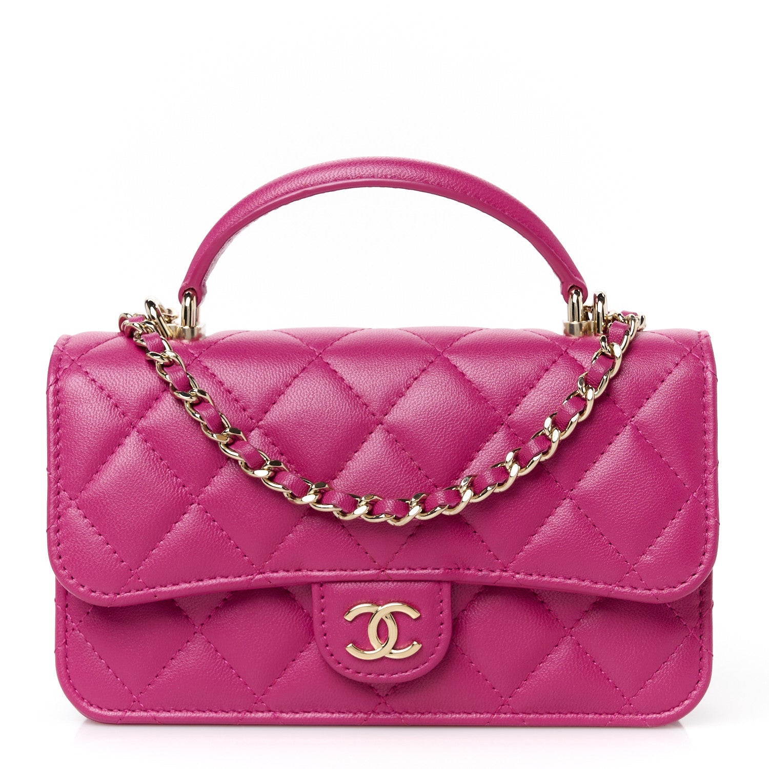 Lambskin Quilted Flap Phone Holder With Chain Fuchsia