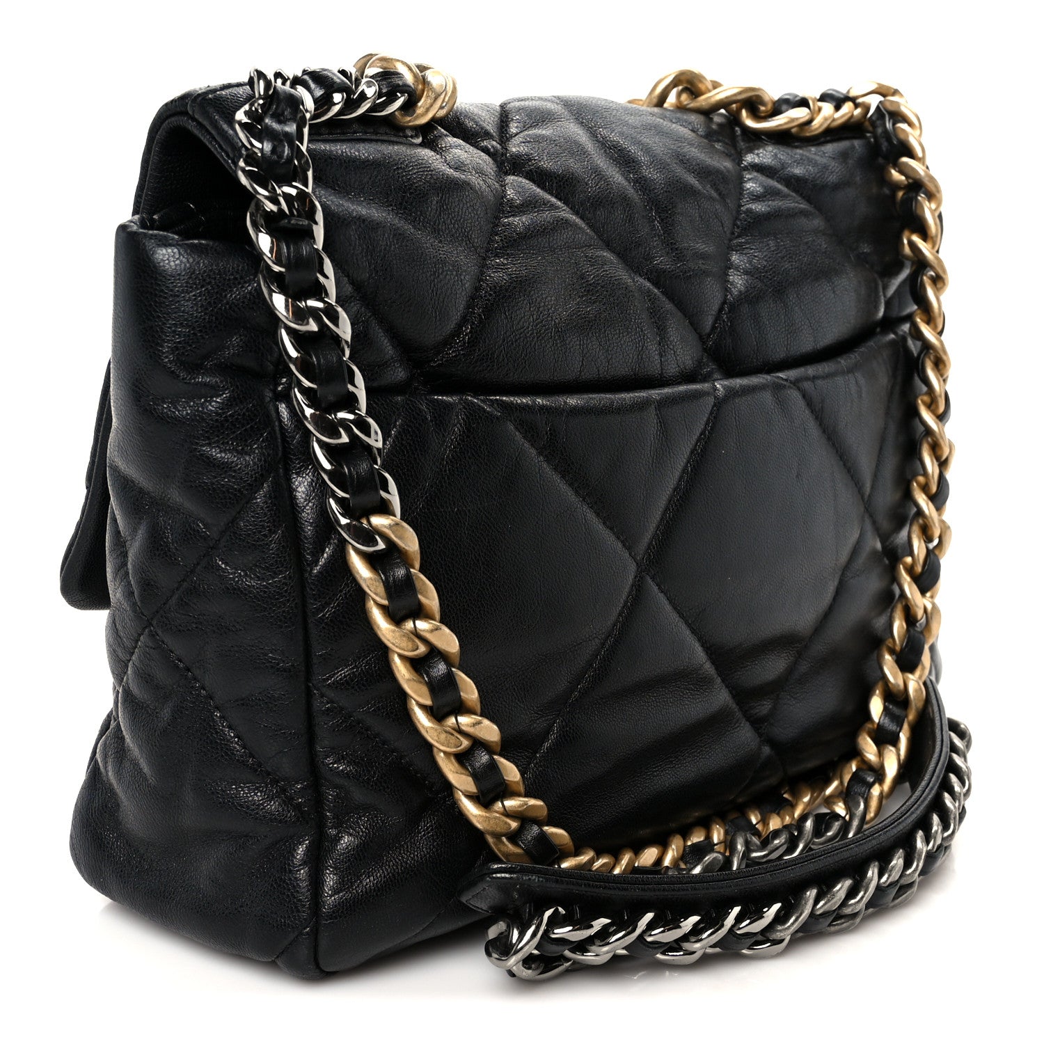 Shiny Goatskin Quilted Large Chanel 19 Flap Black