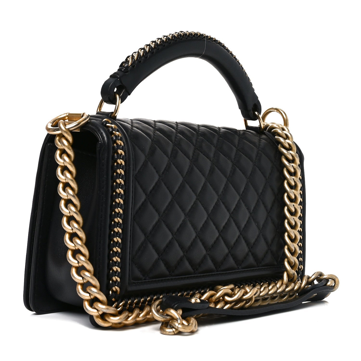 Calfskin Quilted Medium Boy Top Handle Flap Black