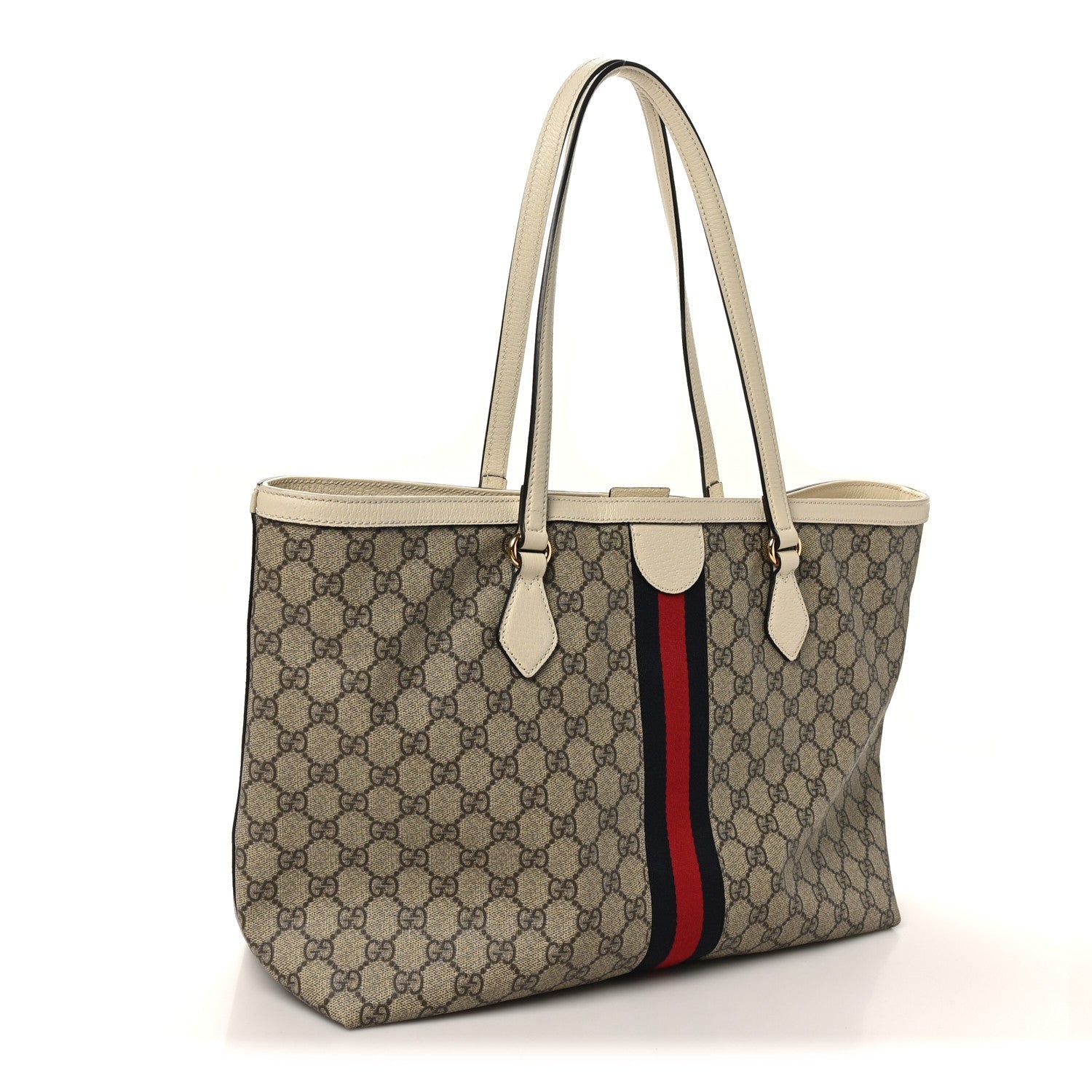 GG Supreme Monogram Textured Dollar Calfskin Web Medium Ophidia Shopping Tote Beige Ebony Mystic White