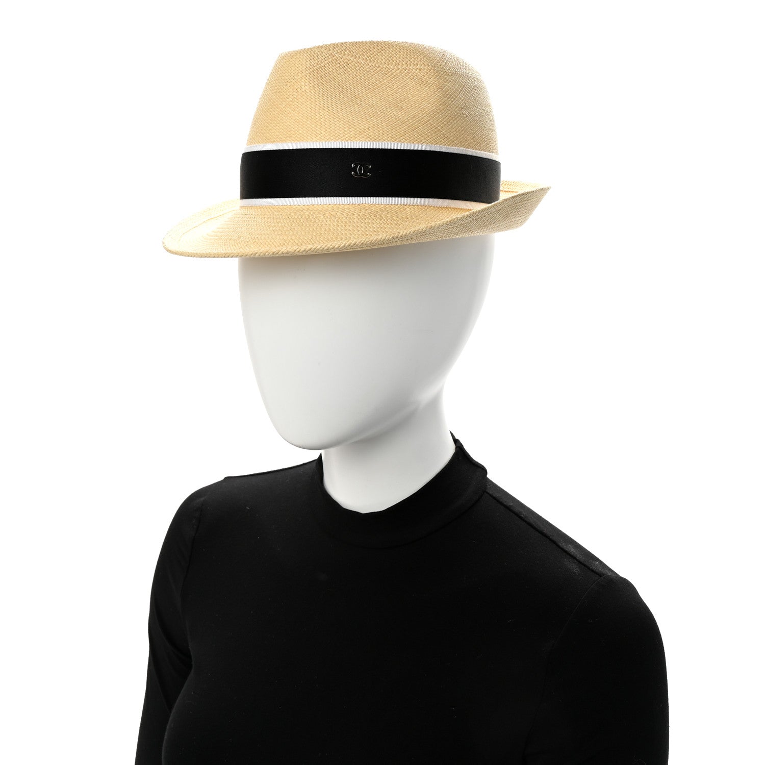 Straw Grosgrain Ribbon Fedora Hat S Beige Black