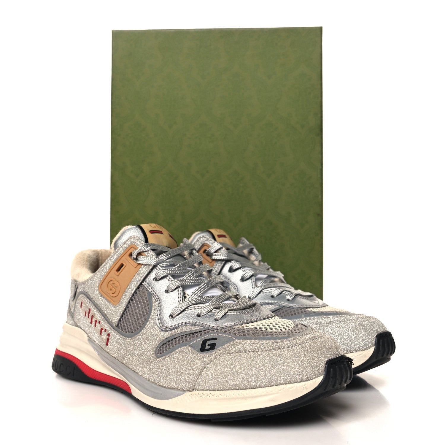 Metallic Calfskin Glitter Mesh Mens Ultrapace Sneakers 8 Silver Light Grey Mystic White