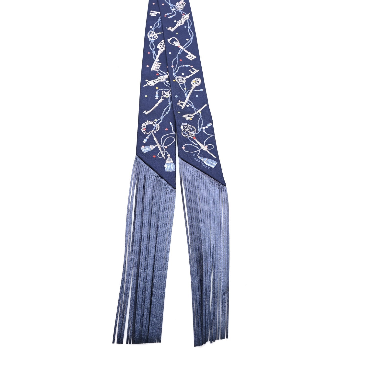 Silk Metallic Agneau Les Cles A Pois Fringed Twilly Bleu Marine Gris Argent Multicolor