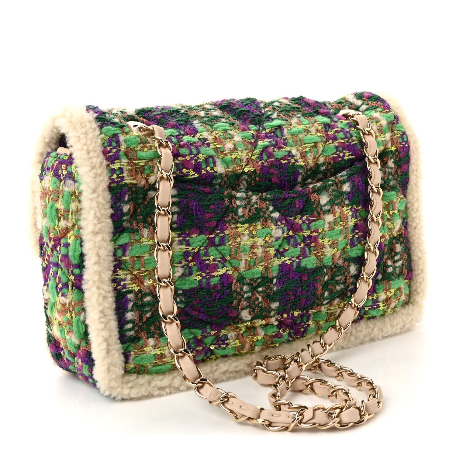 Tweed Shearling Large Flap Bag Green Purple Ecru Brown
