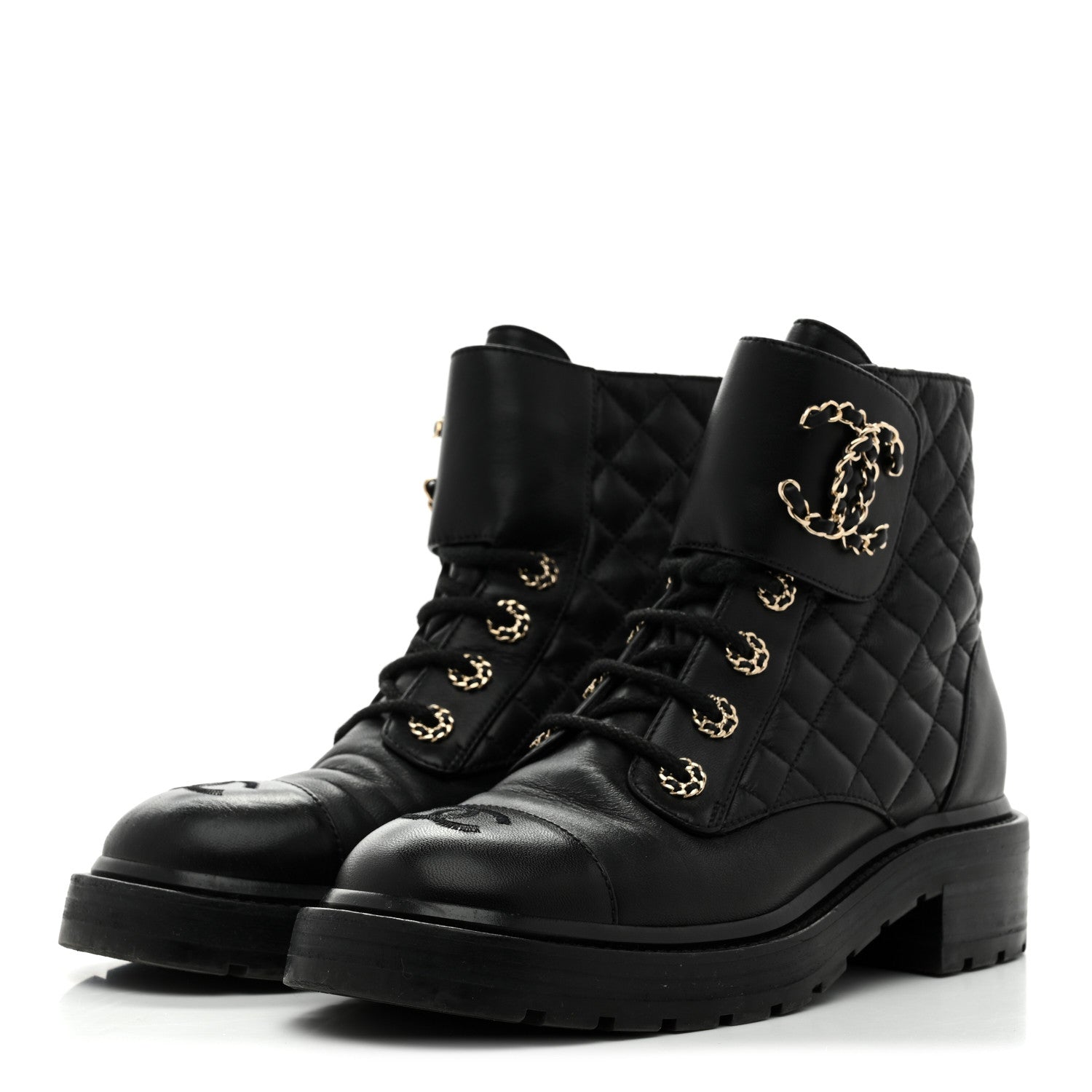 Shiny Lambskin Quilted Lace Up Combat Boots 38 Black
