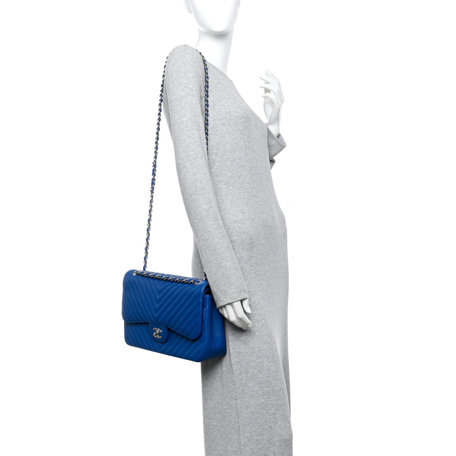 Caviar Chevron Quilted Jumbo Double Flap Blue