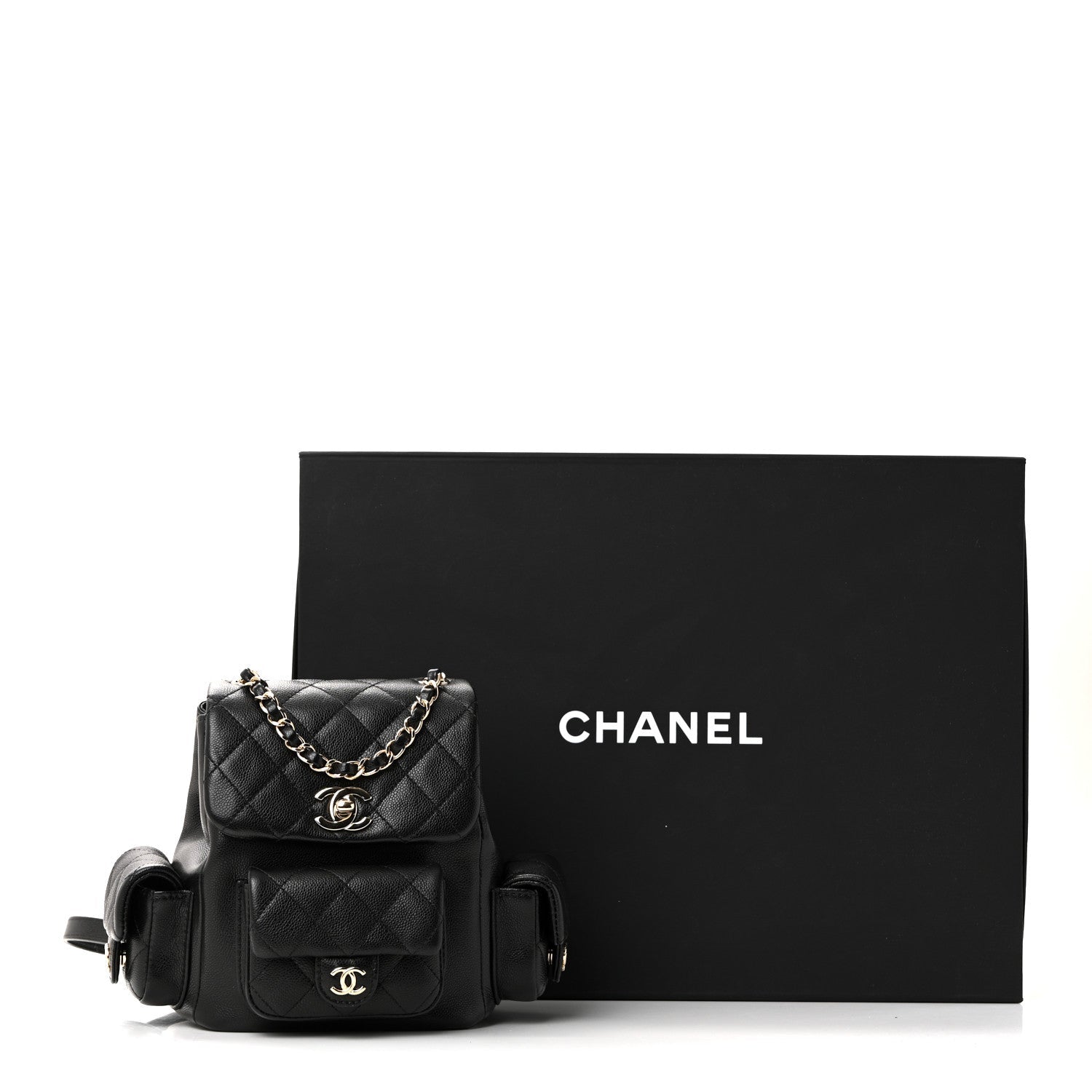 Shiny Caviar Quilted Small Duma Pockets Drawstring Backpack Black