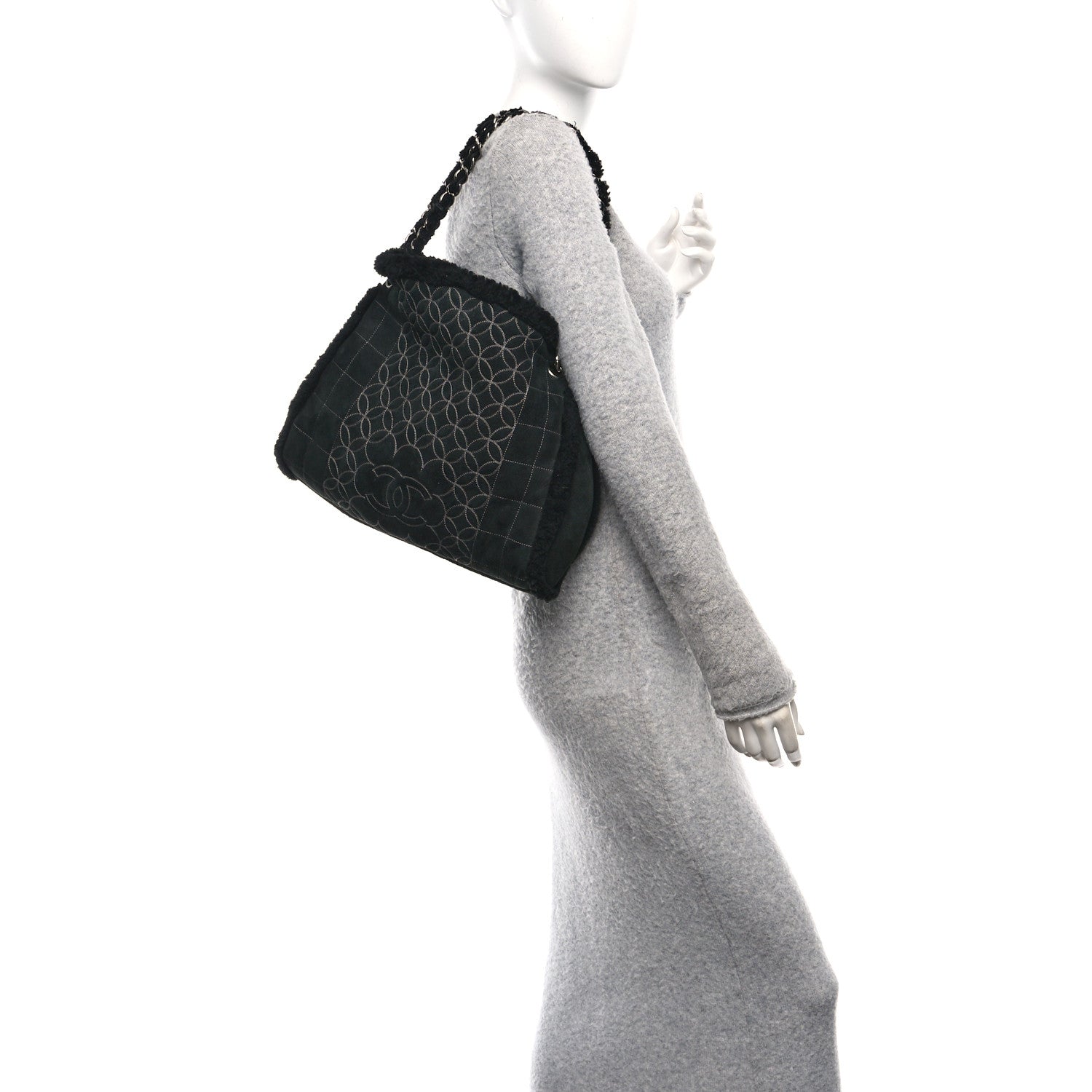 Shearling Suede Stitched CC Tote Black