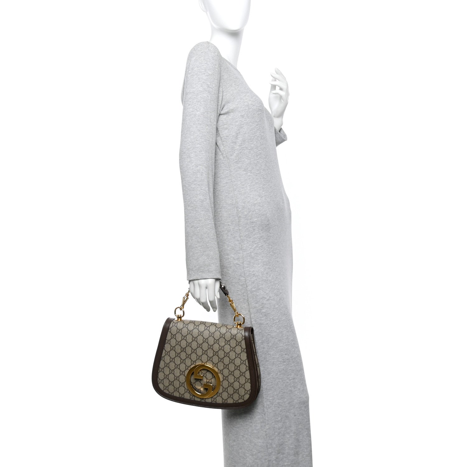 GG Supreme Monogram Textured Dollar Calfskin Web Medium Blondie Top Handle Shoulder Flap Bag Beige Ebony New Acero