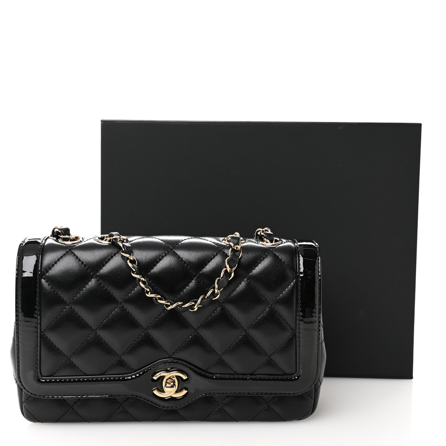Lambskin Patent Calfskin Quilted Small Flap Bag Black