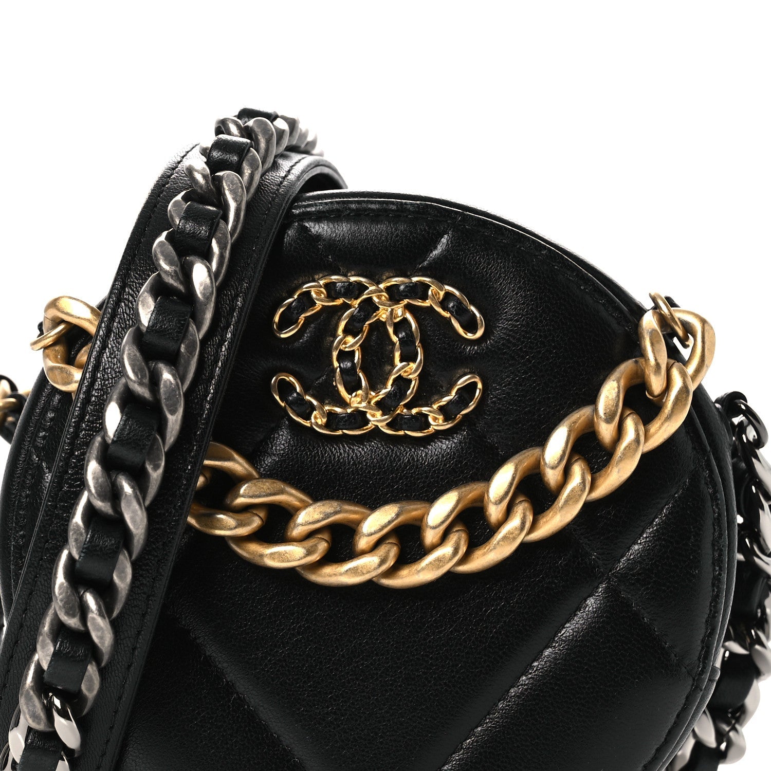Lambskin Quilted Chanel 19 Round Clutch With Chain Black