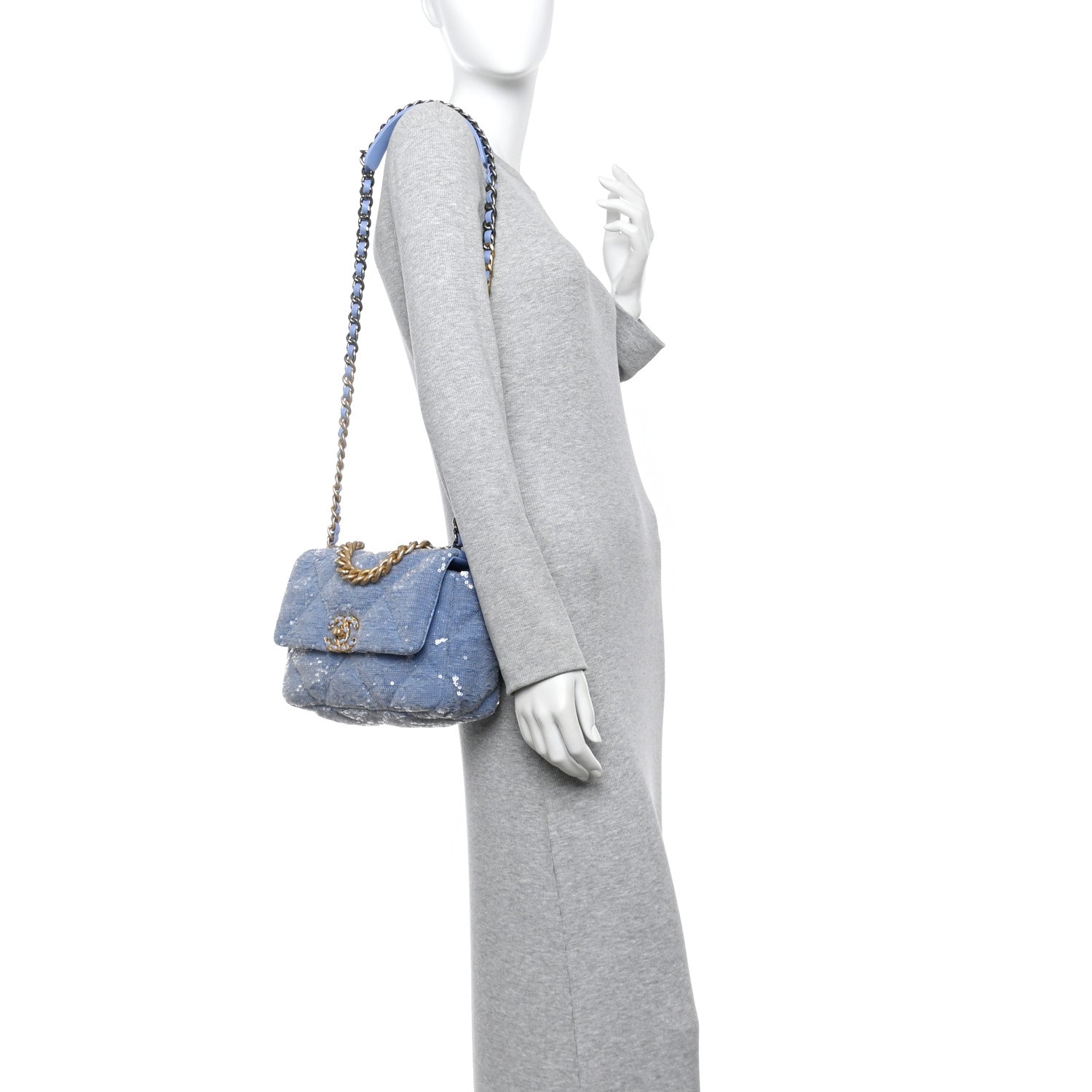 Sequin Quilted Medium Chanel 19 Flap Light Blue