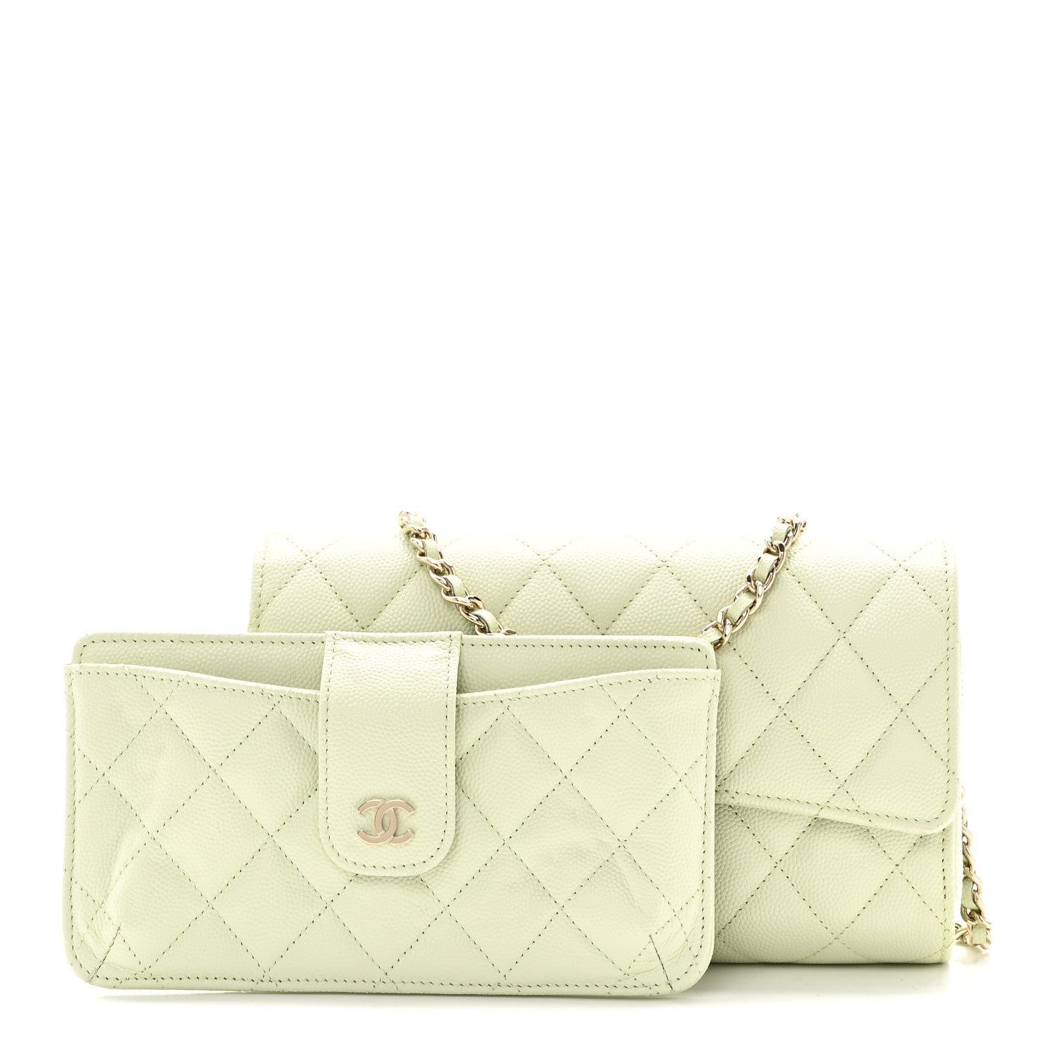 Caviar Quilted Phone Holder Wallet on Removable Chain Light Green