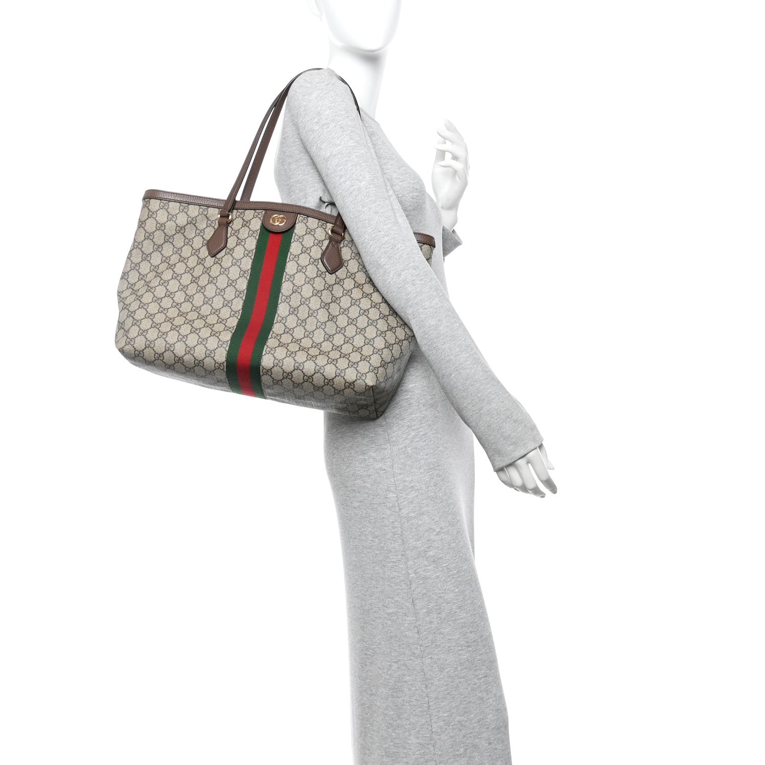 GG Supreme Monogram Textured Calfskin Web Medium Ophidia Shopping Tote Beige Ebony New Acero