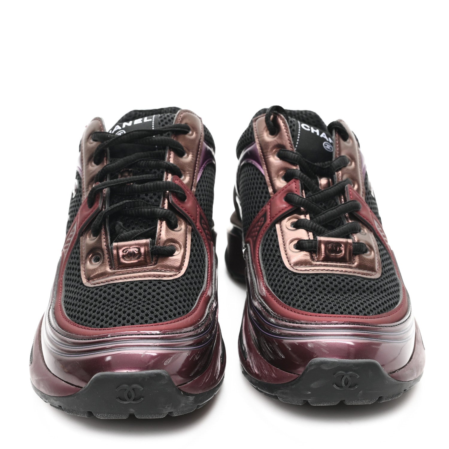 Fabric Laminated Calfskin Stretch CC Womens Sneakers 37.5 Black Purple Burgundy