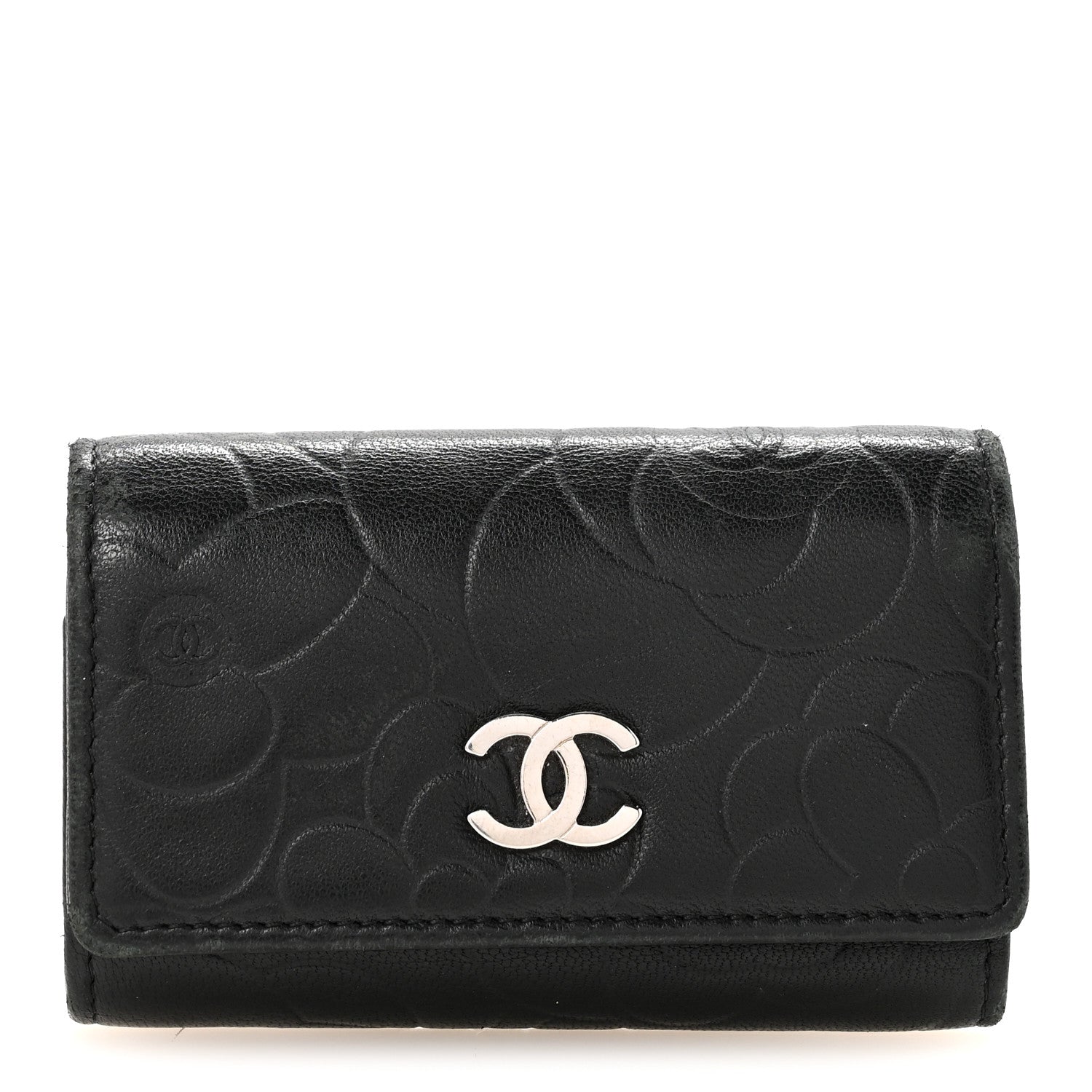 Lambskin Camellia Embossed 6 Key Holder Black