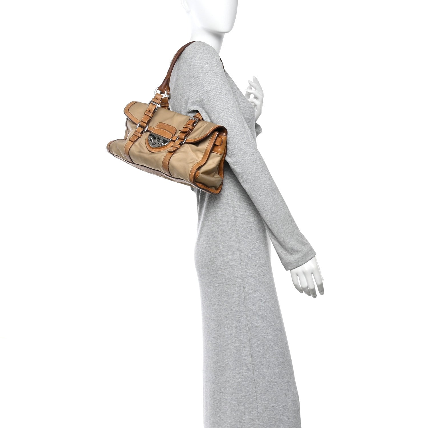 Tessuto Nylon Vitello Foldover Pushlock Satchel Beige